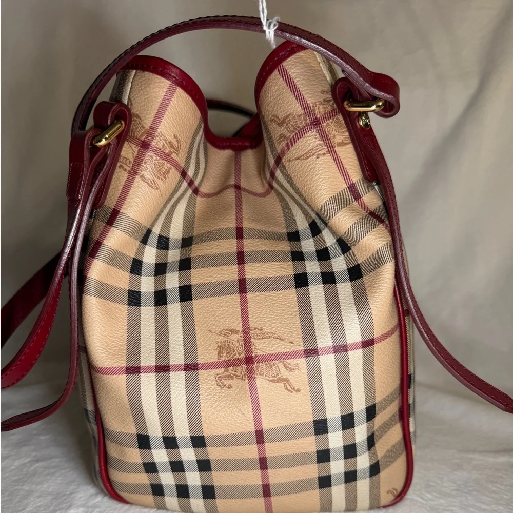 Burberry Tan Plaid Tote with Burgundy Trim - Picture 3 of 9
